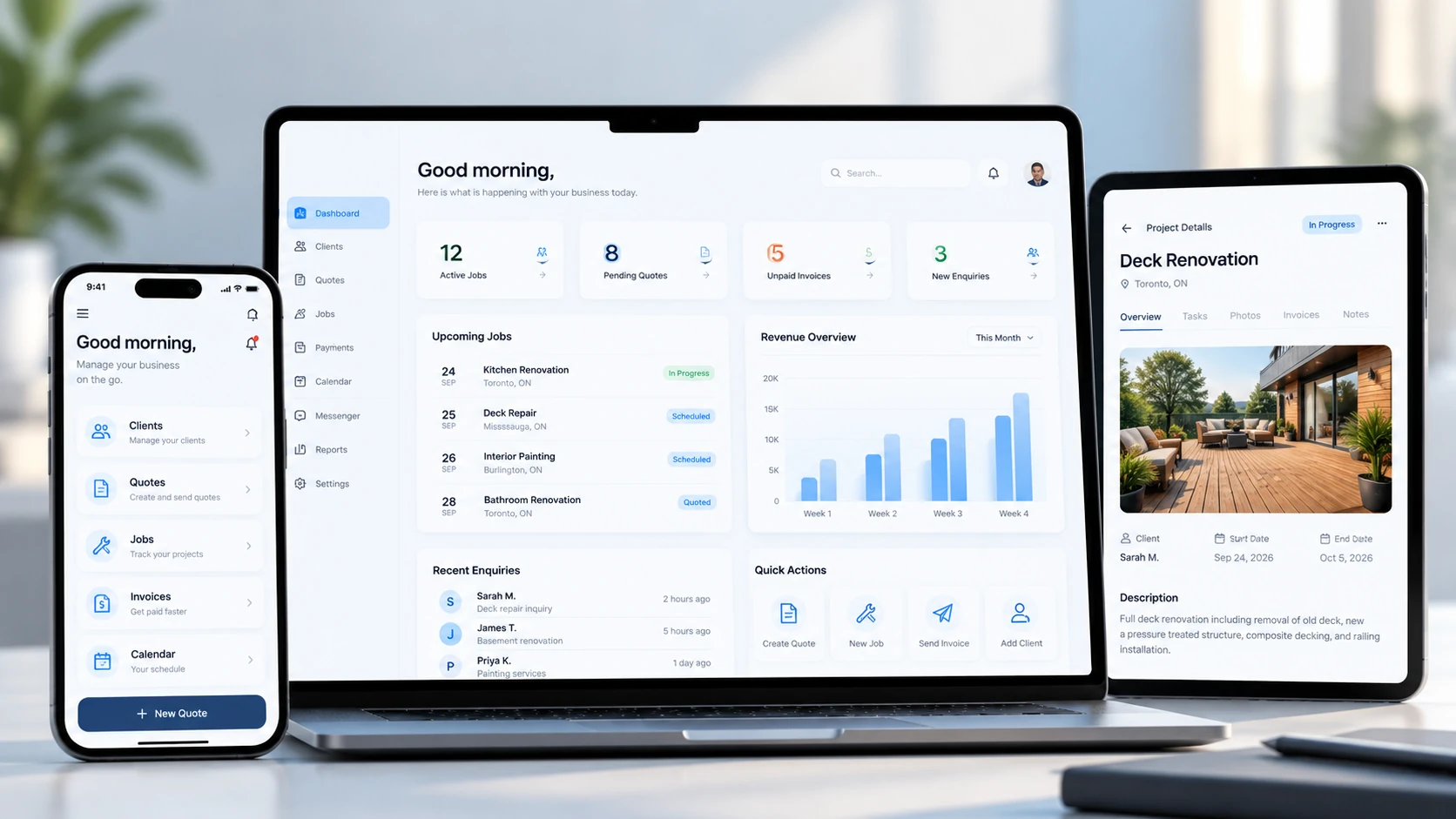 Responsive business management platform dashboard presented on laptop, tablet and mobile displays