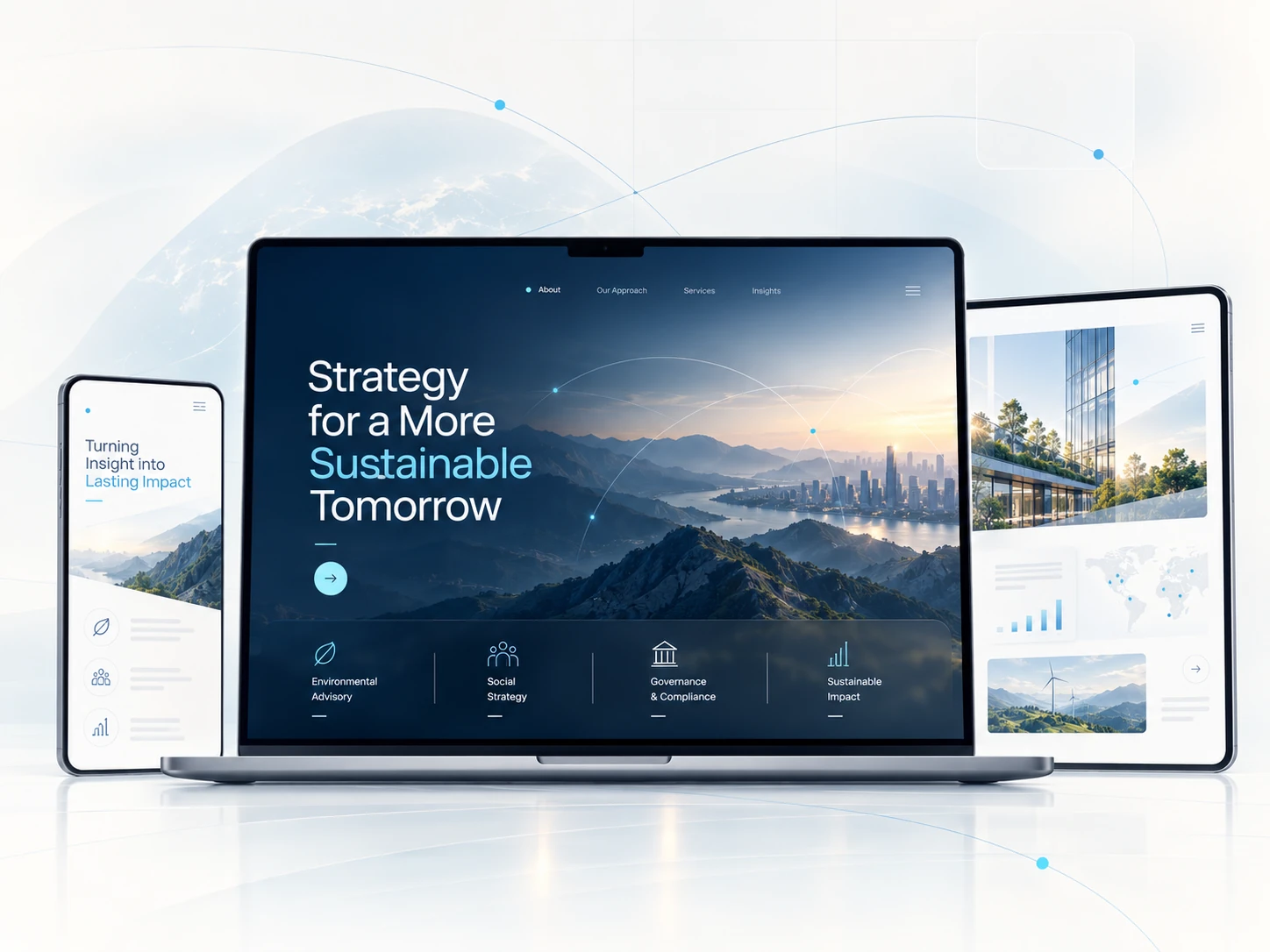 Responsive sustainability consulting website presented across laptop, tablet and mobile displays